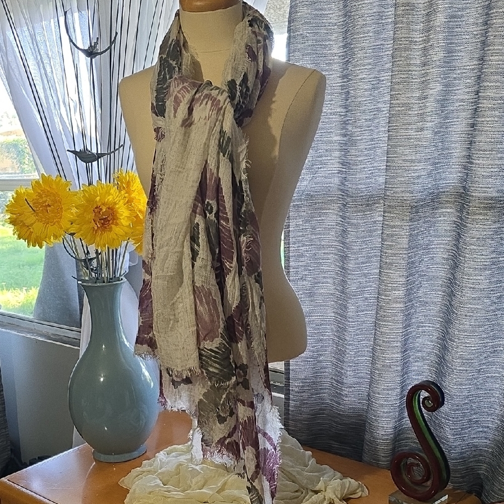 Lightweight Floral Wrap Scarf in Purple and Light Ash Grey